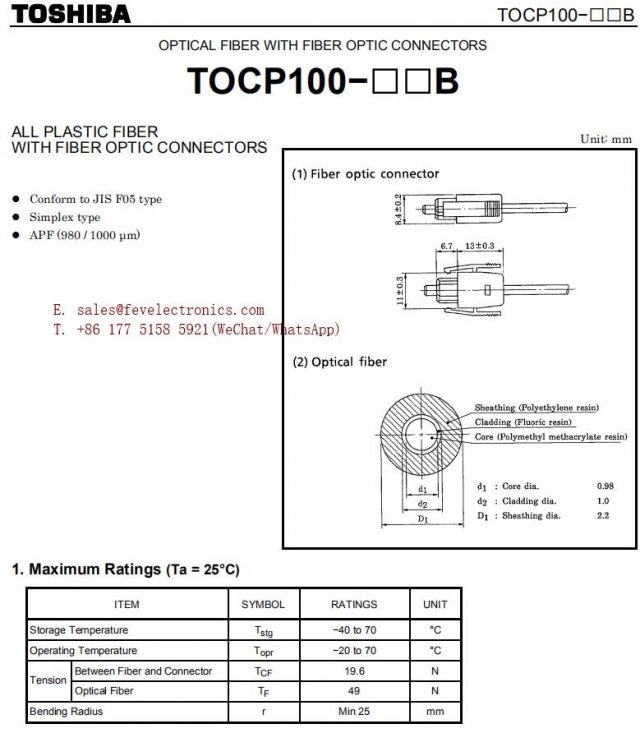 DataSheet of Toshiba TOCP100 Optical Fiber Cable Assembly TOCP 100 JIS F05 Type