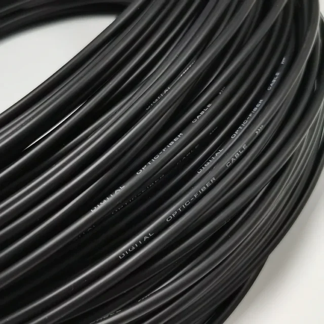 Black PE jacketed PMMA digital optic-fiber cable coiled, printed DIGITAL OPTIC-FIBER CABLE