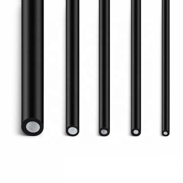 Five black soft solid-core PMMA light-guide POF rods of increasing diameter, clear core visible at cut ends