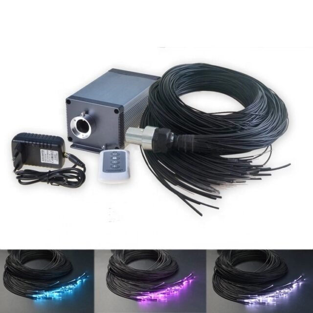 Black light-guide POF coil shown with LED fiber illuminator, remote and power supply