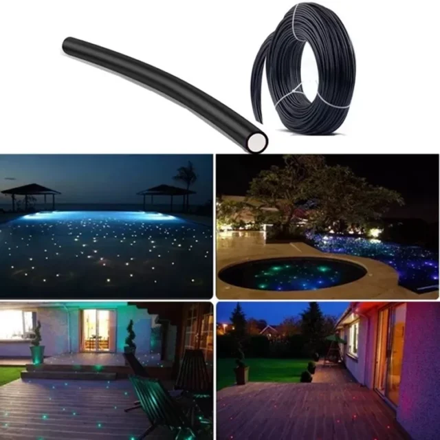 Black light-guide fiber coil and rod shown with pool and garden night-light applications