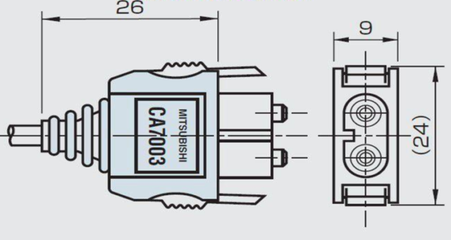 Dimension drawing of MITSUBISHI CA7003 JIS F07 connector (26 x 9 x 24 mm)