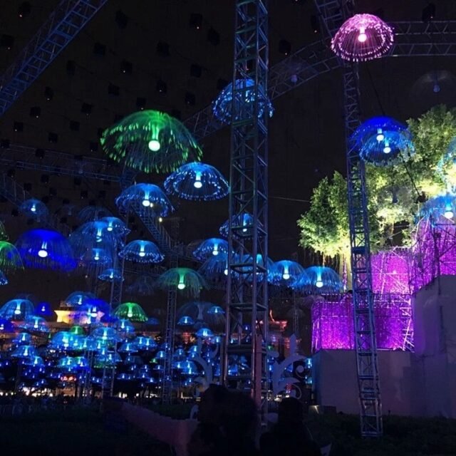 Multiple jellyfish fiber lights hanging display