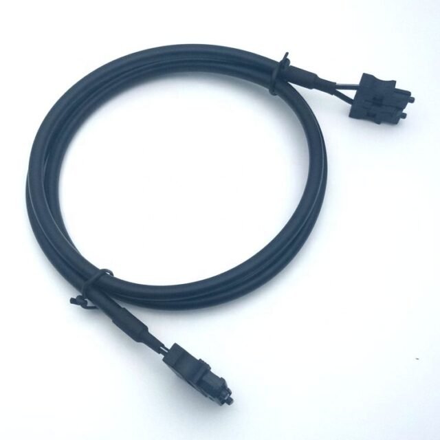 Looped black MR-J3BUS duplex servo fiber cable with two F07 connectors