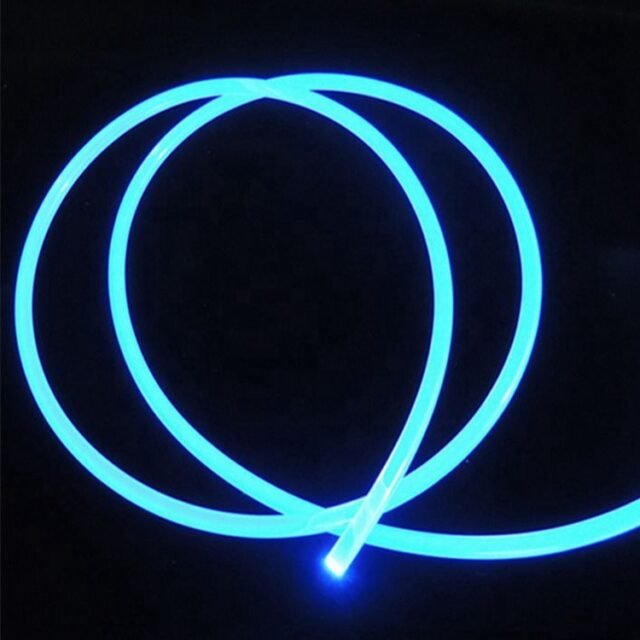 Blue 5mm side-emitting PMMA fiber loop glowing from an LED input