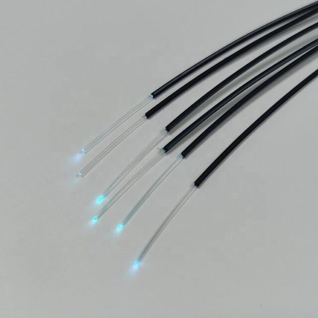 Black MH/RH-grade POF cables with cyan light exiting the clear fiber ends on white background