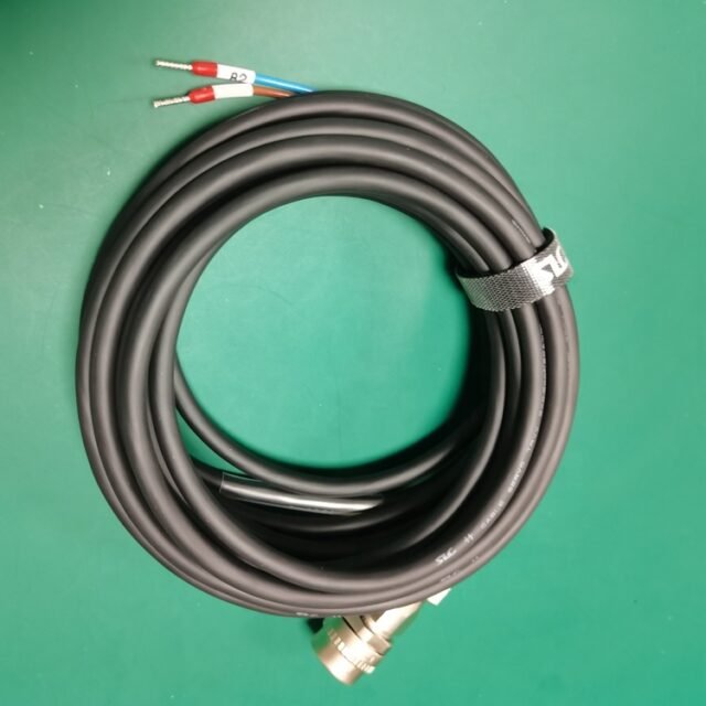 Coiled MR-BKCNS1-5M-L black servo brake cable with M23 plug and bare leads