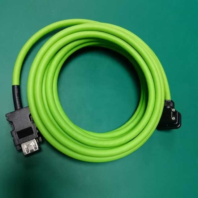 Coiled MR-J3ENCBL5M-A1-HPU green encoder cable with two D-sub connectors