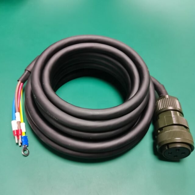Coiled MR-PWCNS5-5M-L black power cable with olive military connector and bare leads