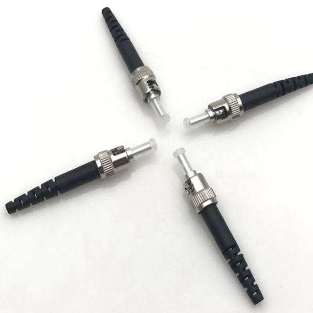 Metal ST (BFOC) connector with black ribbed boot, ferrule exposed